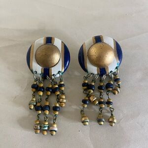 Vintage gold and blue beaded earrings oversized dangle retro artsy
